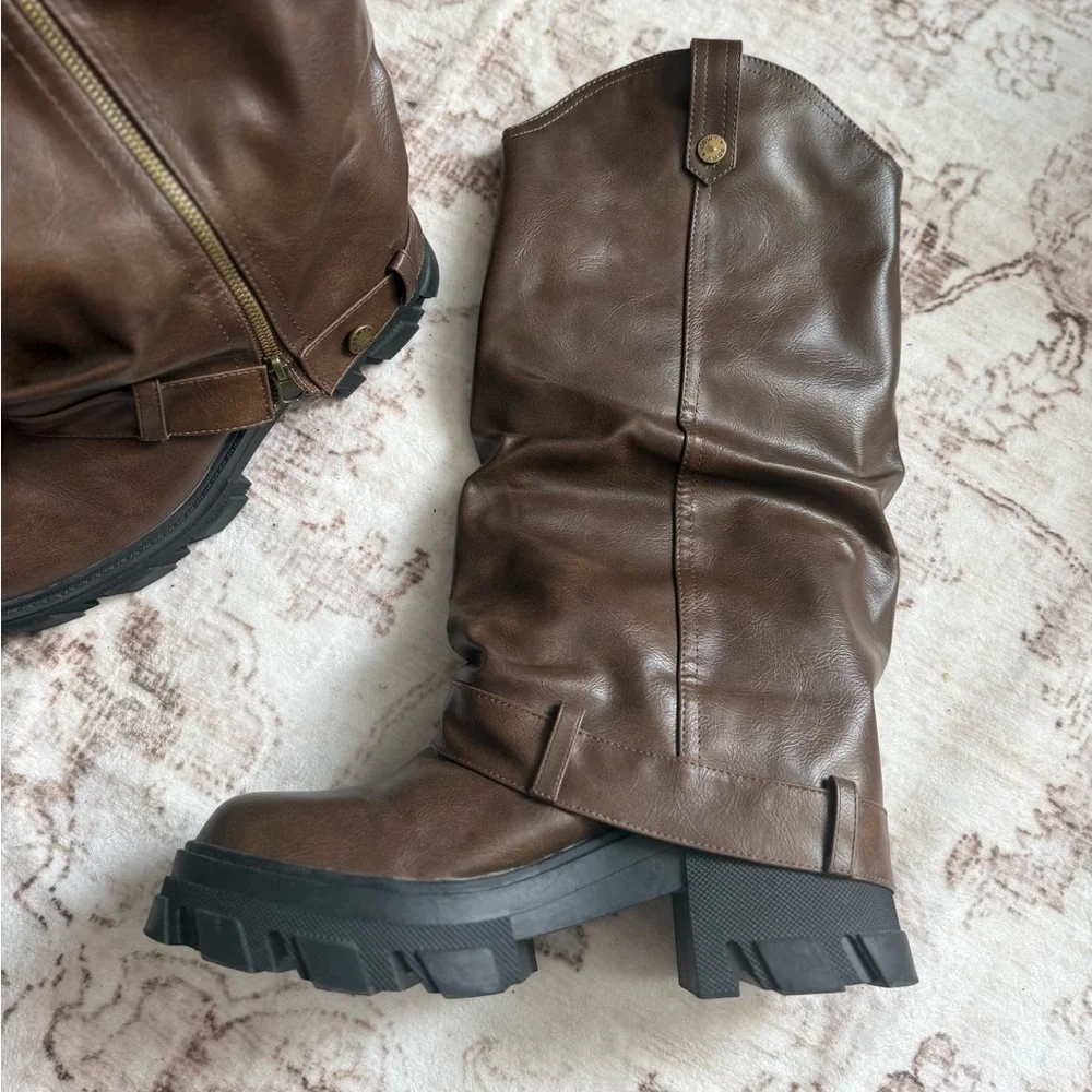 Brown Knee-High Boots with Black Soles bulky fun brown boots - Picture 10 of 13